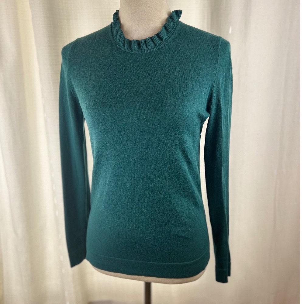 J.Crew Ruffle Mock Neck Sweater Forest Green Cotton Women XS